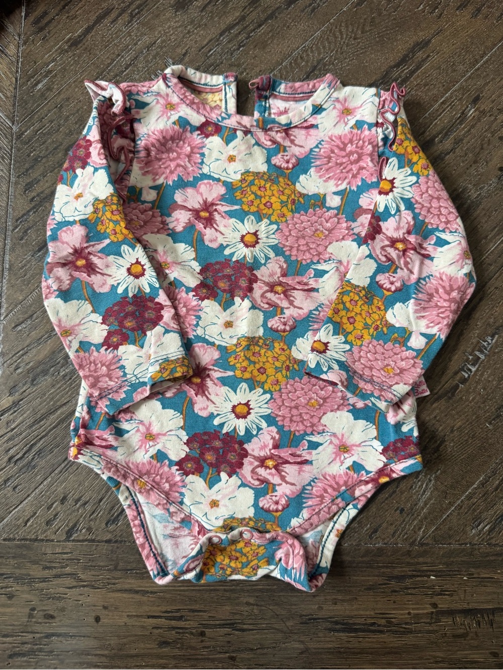 Ruffle Butts Teal Floral Long-Sleeve One-Piece with Pink & Yellow Blooms